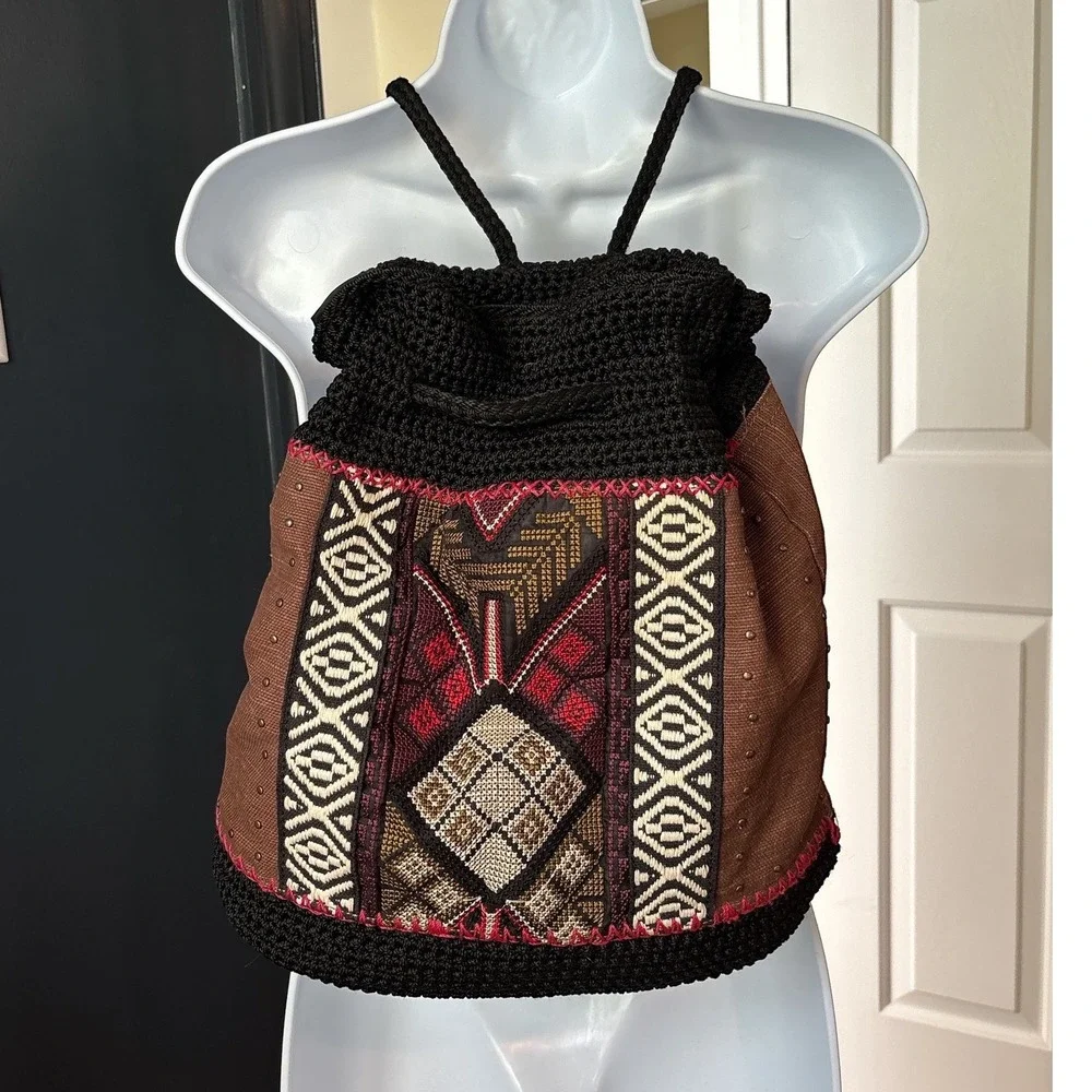 The Sak Vintage Crochet Sayulita Drawstring Backpack Bohemian Black Brown